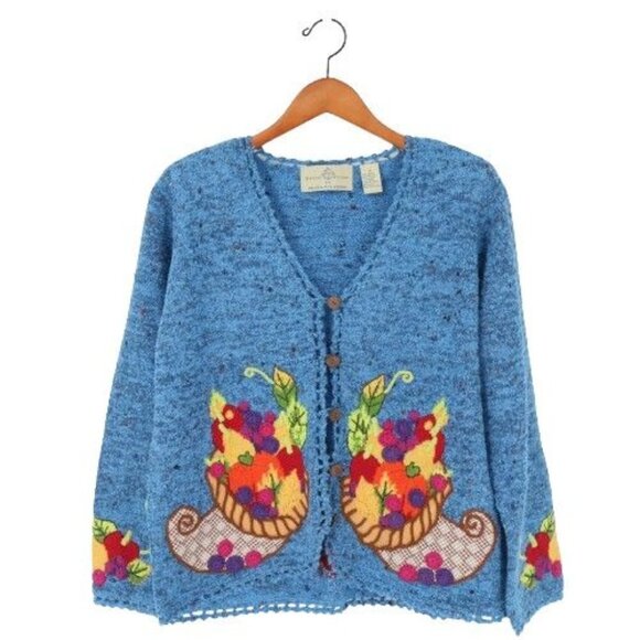 New Design Options Fall Thanksgiving Cornucopia Blue Cardigan Sweater M - Picture 1 of 5